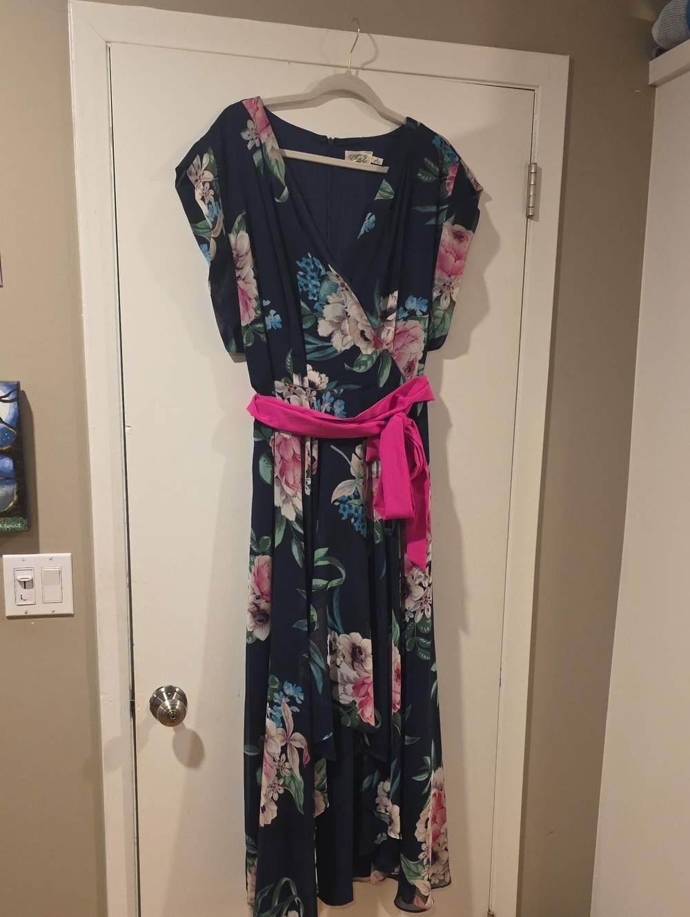 Eliza J Navy Floral Wrap Maxi with Bright Pink Sash